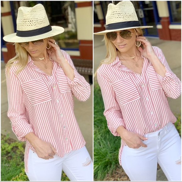 ✨LAST ONE✨Red striped roll tab sleeve button up - Picture 5 of 8